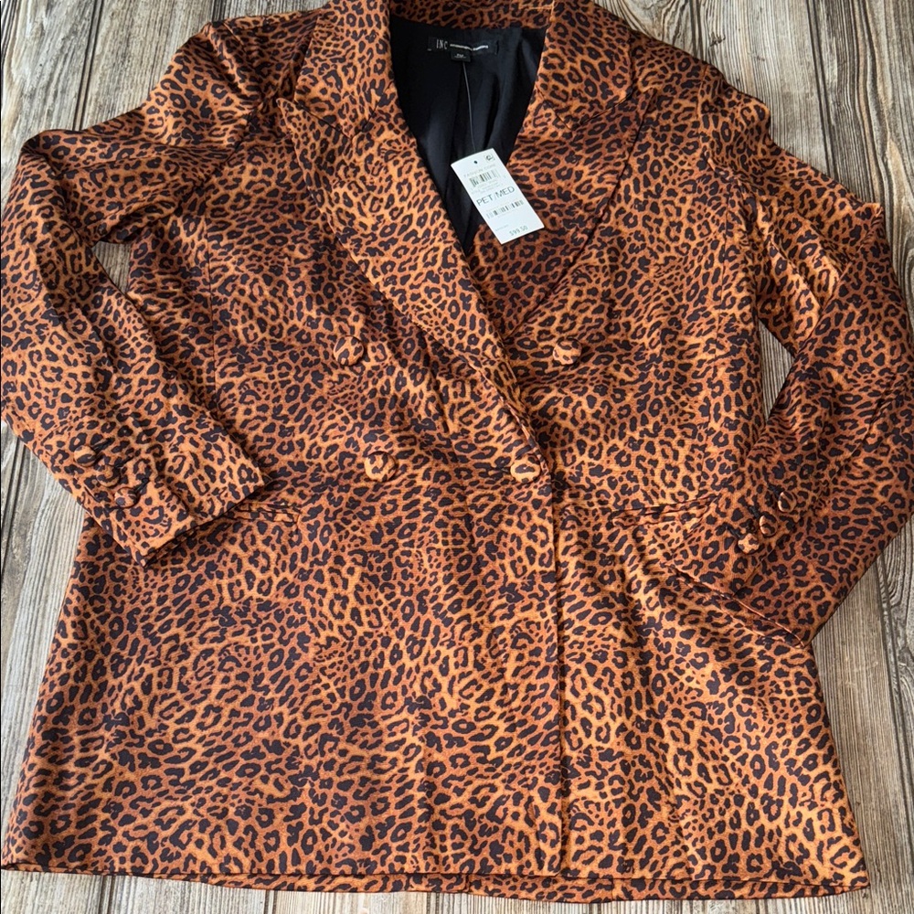INC Leopard jacket Print Double Breasted Coat Medium NEW